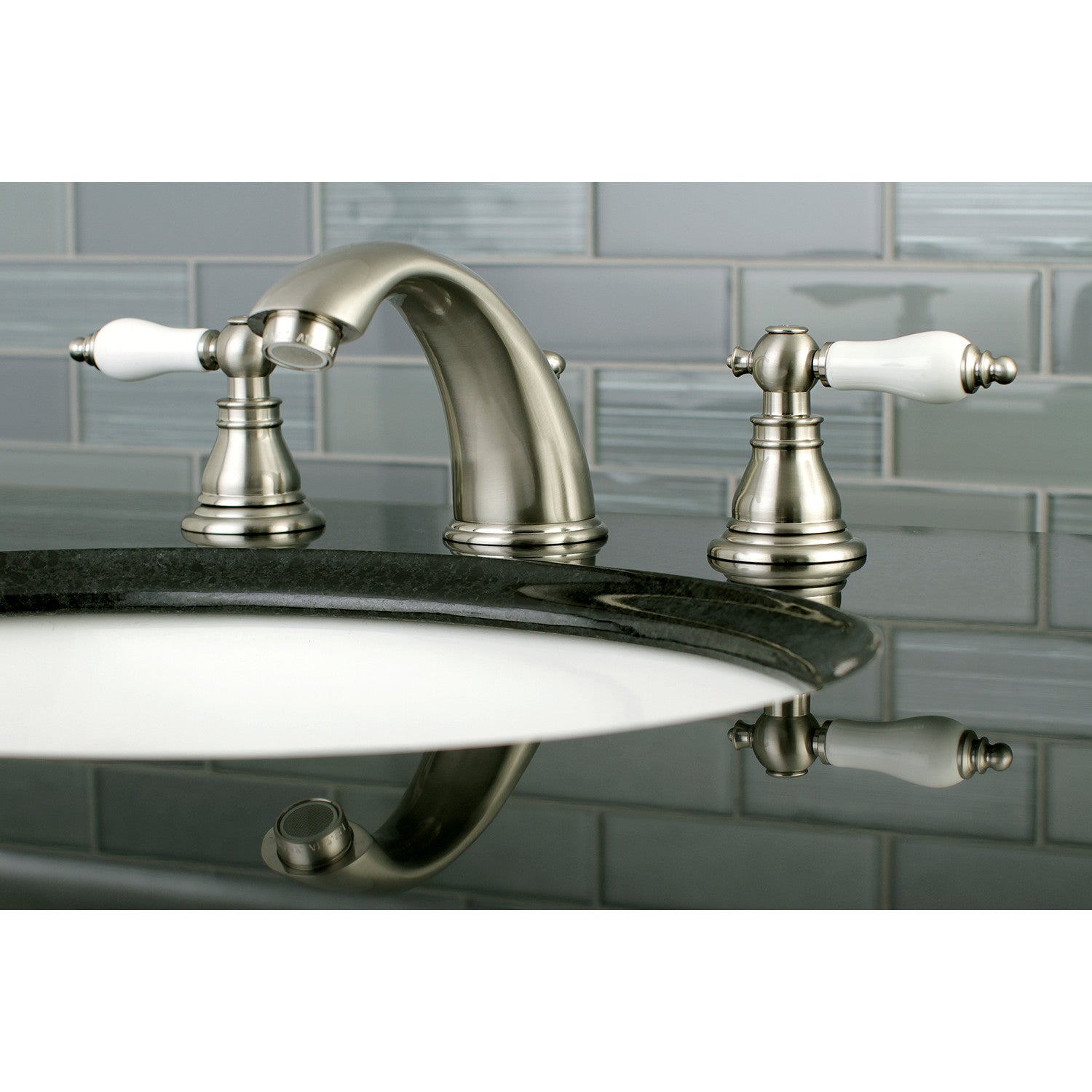 Kingston Tulare KB968APL - American Patriot Two-Handle 3-Hole Deck Mount Widespread Bathroom Faucet with Pop-Up Drain, Brushed Nickel — thumbnail 2